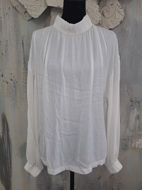 Prologue Pleated Mock-Neck White Long Sleeve Blouse